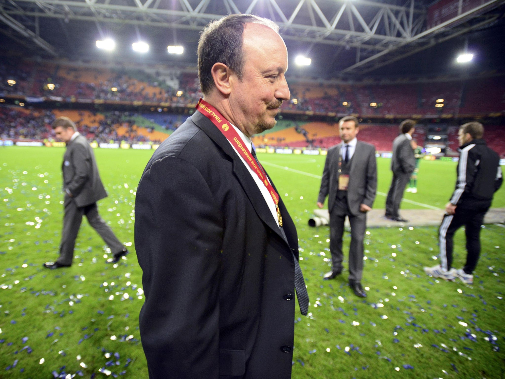 Rafa Benitez leaves the scene of his greatest Chelsea triumph