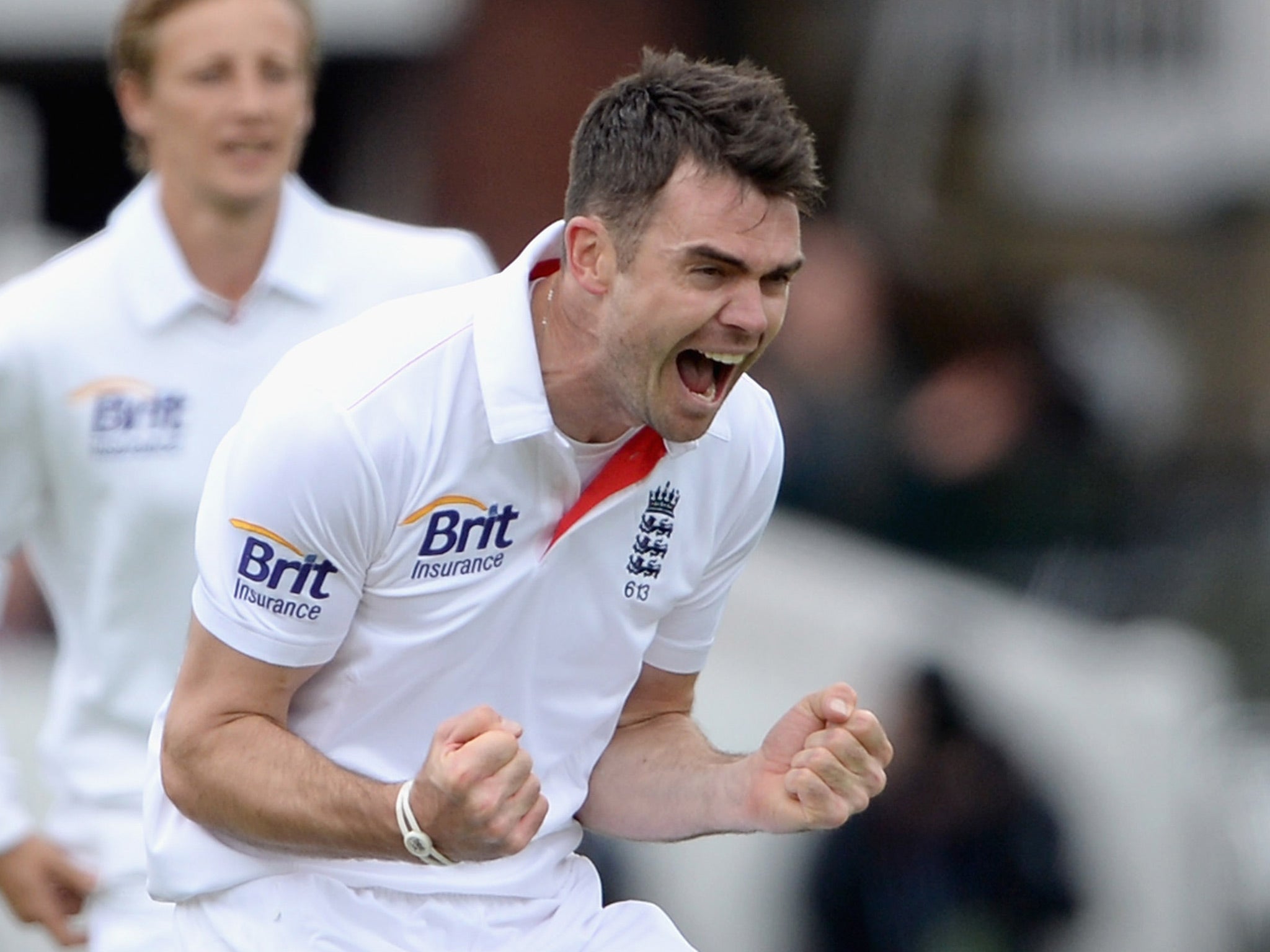 James Anderson of England celebrates dismissing Peter Fulton of New Zealand to take his 300th test match wicket