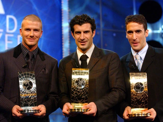 David Beckham next to Luis Figo at the world player of the year awards in 2001