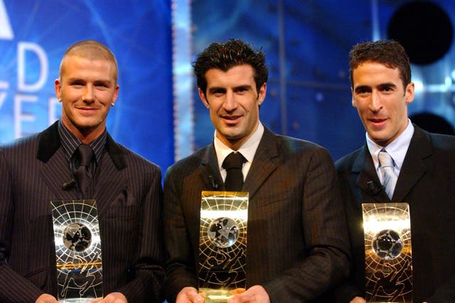 David Beckham next to Luis Figo at the world player of the year awards in 2001