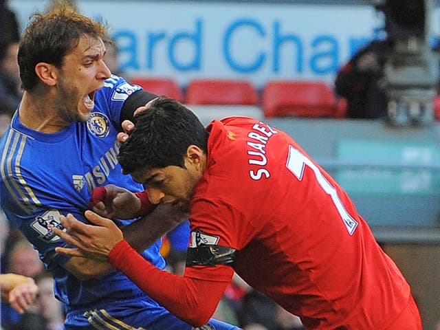 Luis Suarez took a nip in the arm of an astonished Branislav Ivanovic