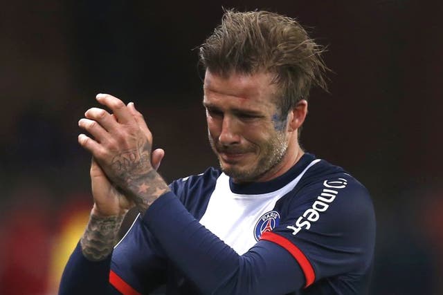 Tears streamed down David Beckham’s cheeks for several minutes before he was substituted in the second half for Paris Saint Germain (