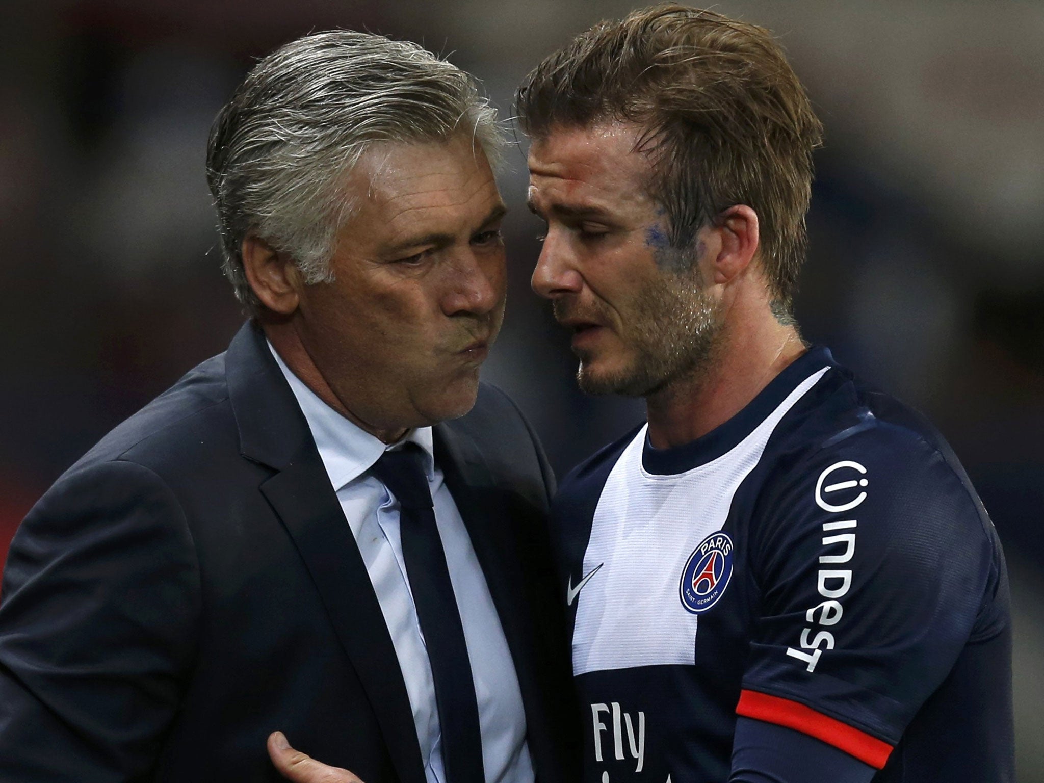 David Beckham breaks down in tears as he hugs coach Carlo Ancelotti