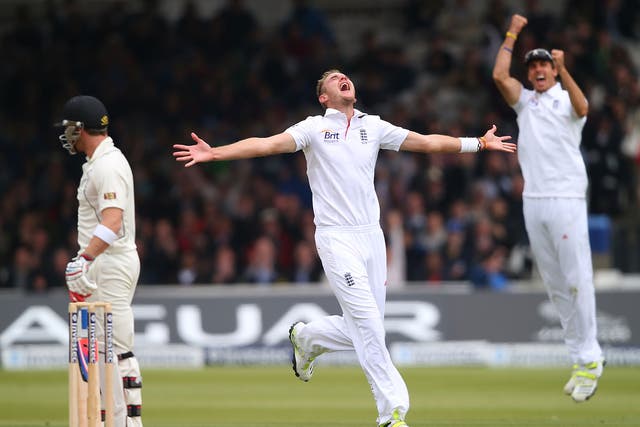 Stuart Broad of England celebrates the wicket of Brendon McCullum of New Zealand