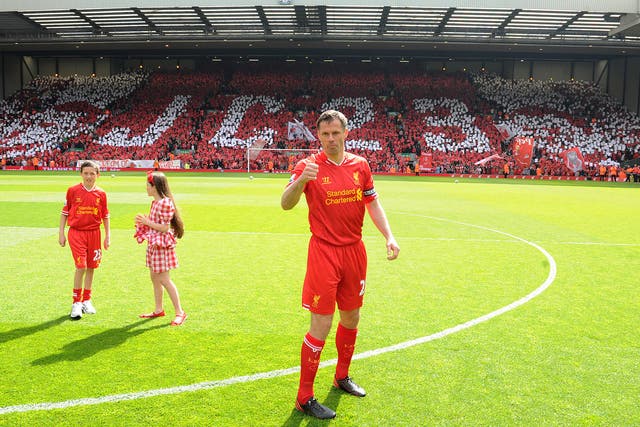 Jamie Carragher plays his last game for Liverpool