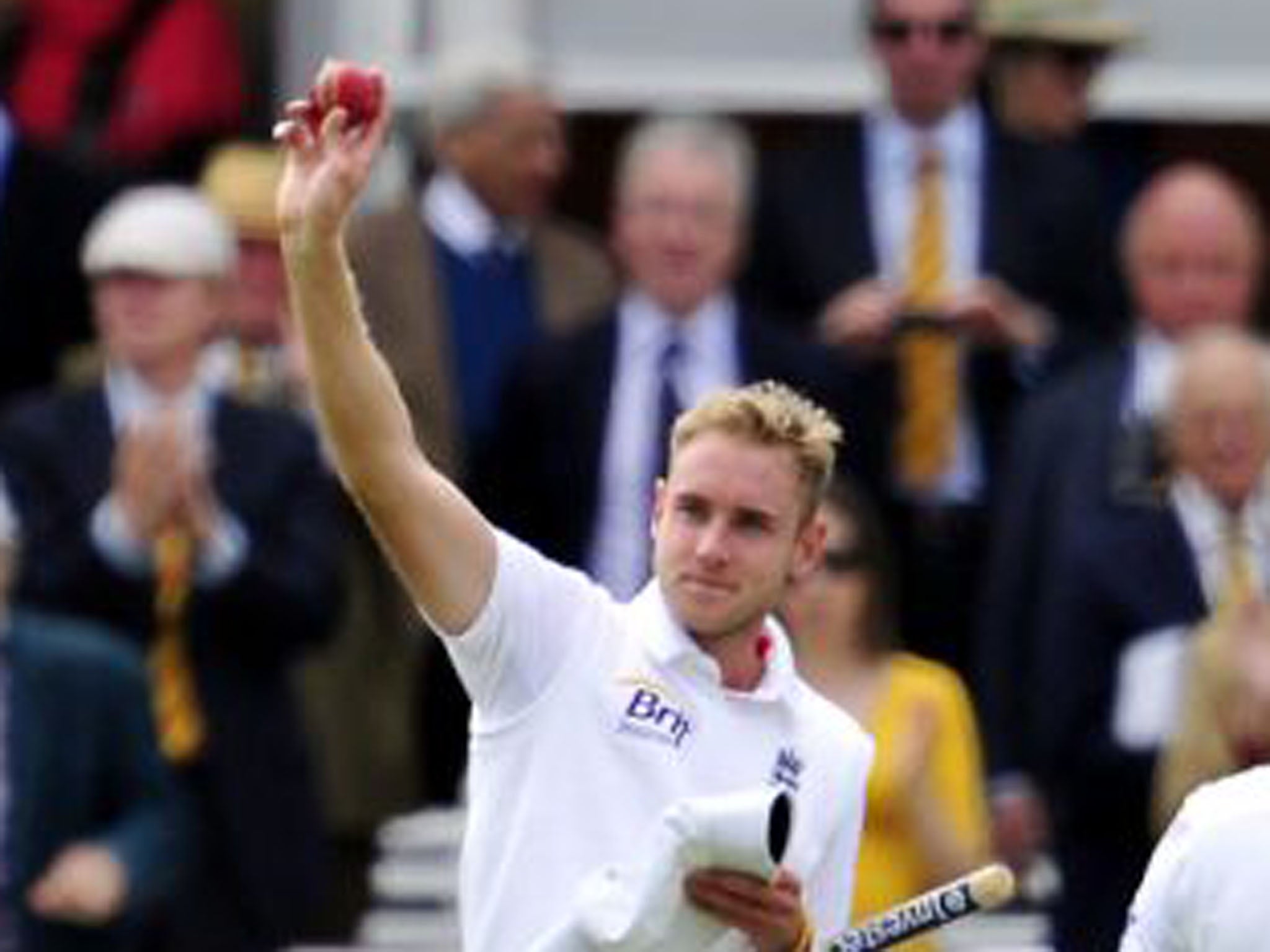 Stuart Broad celebrates his seven-wicket haul after the game is won (Glyn Kirk/AFP/Getty Images)