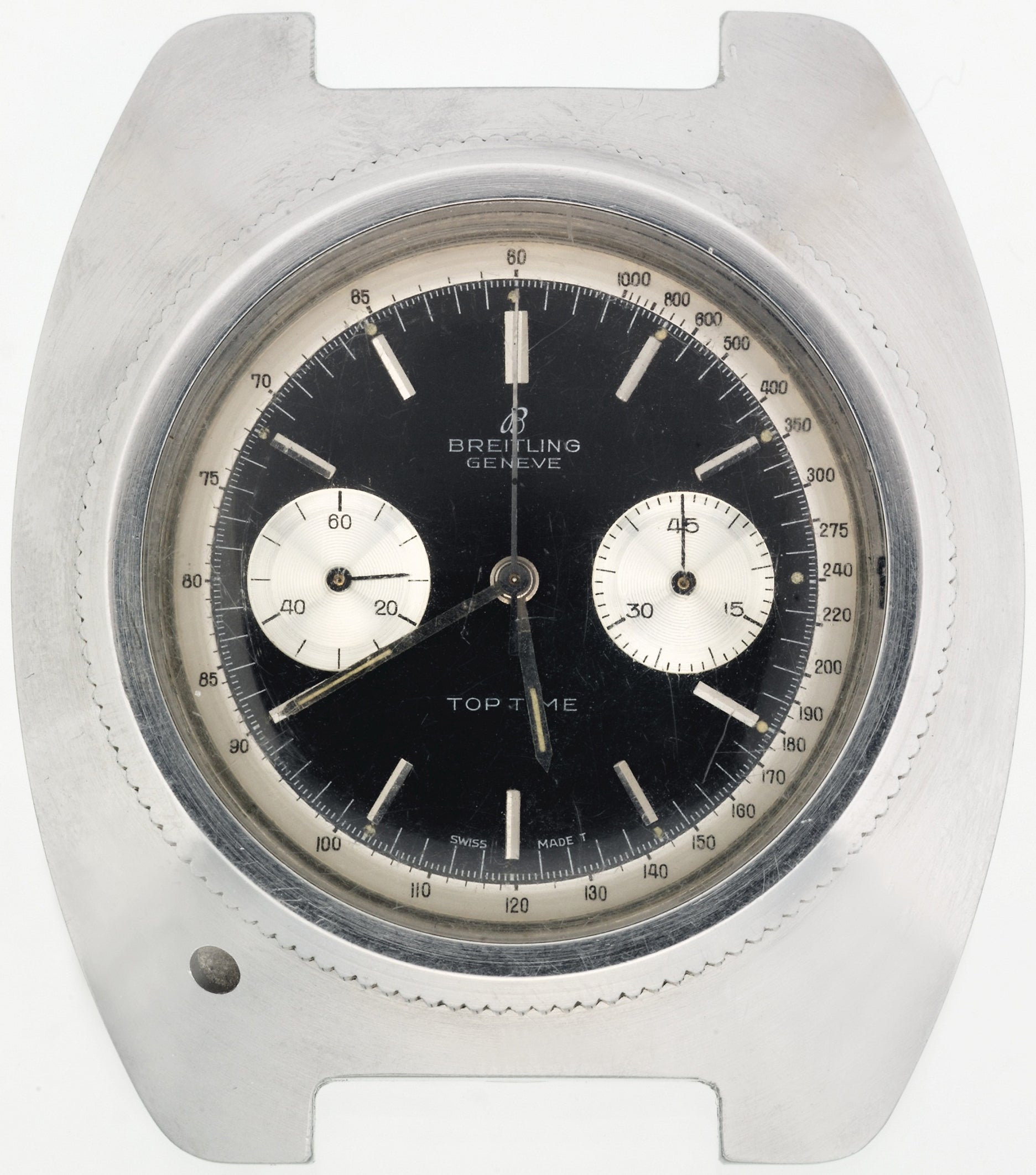 James Bond's specially modified Breitling Top Time wristwatch used in Thunderball, 1965, the watch composed of a stainless steel chronograph timepiece, by Breitling, Ref. 2002, case no. 984343, manufactured in 1962 and then modified, the black dial with a