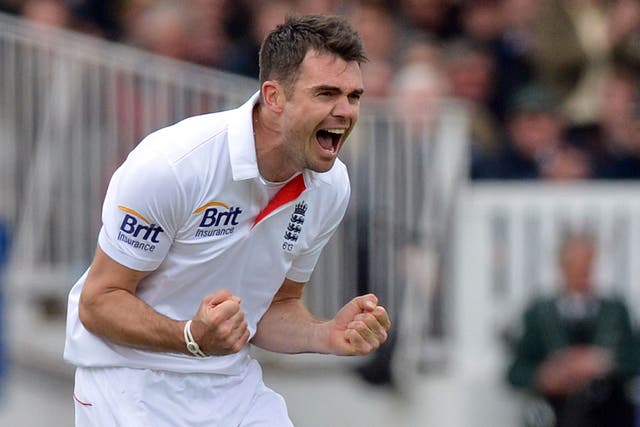 James Anderson celebrates taking his 300th test wicket, that of New Zealand's Peter Fulton, caught by Graeme Swann for 2 during the first test at Lord's Cricket Ground, London