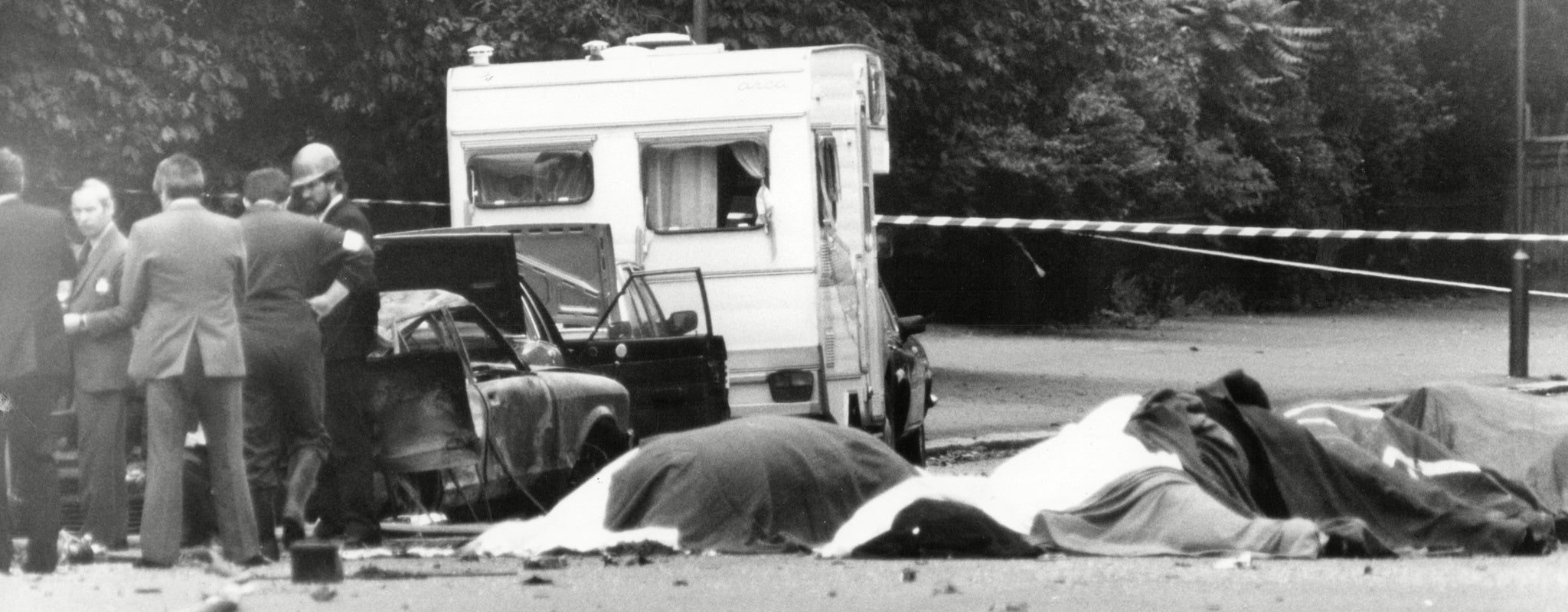 The dead horses of the Household Cavalry, after the 1982 nail bomb blast in Hyde park while they were on way to the changing of the guard at the Buckingham Palace. The IRA claimed responsibility for the attack