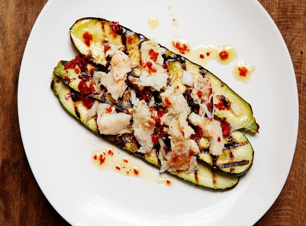 Grilled courgettes with crab and chilli
