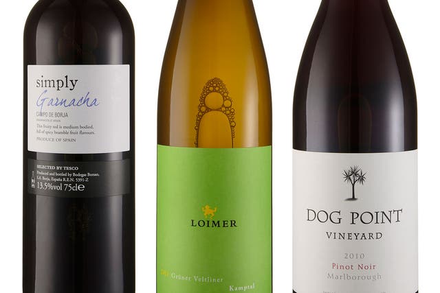 2011 Loimer Grüner Veltliner, Kamptal; 2010 Dog Point Pinot Noir, Marlborough, New Zealand; 2010 Tesco Simply Garnacha, Bodegas Borsao