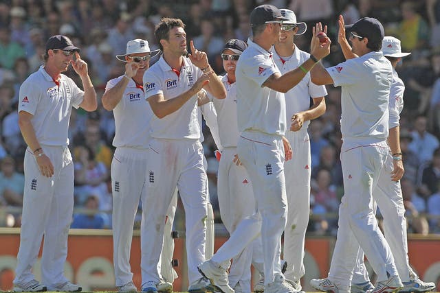 England and James Anderson were reeling in the Perth heat, giving Johnson the confidence to start a war of words with the Lancashire bowler on his lack of recent wickets. Johnson piped up: “Why are you chirping now mate, not getting any wickets?” The two 