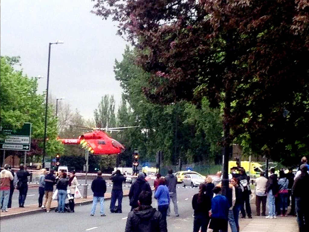 An air ambulance leaving the scene in Woolwich