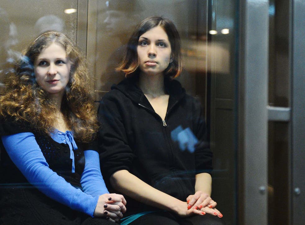 Jailed Pussy Riot members Maria Alyokhina and Nadezhda Tolokonnikova in court in Moscow.