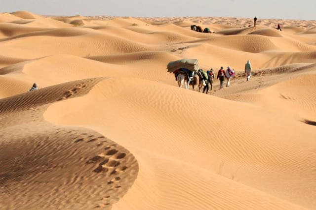 Dune roaming: the group treks across the sands