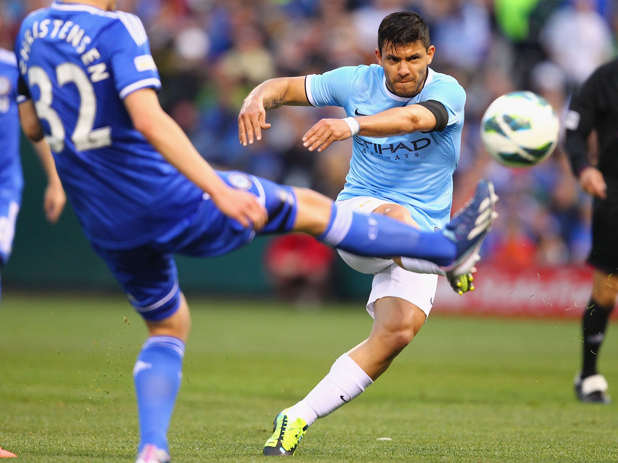 Sergio Aguero #16 of Manchester City takes a shot on goal against the Chelsea during a friendly match at Busch Stadium on May 23, 2013 in St. Louis, Missouri