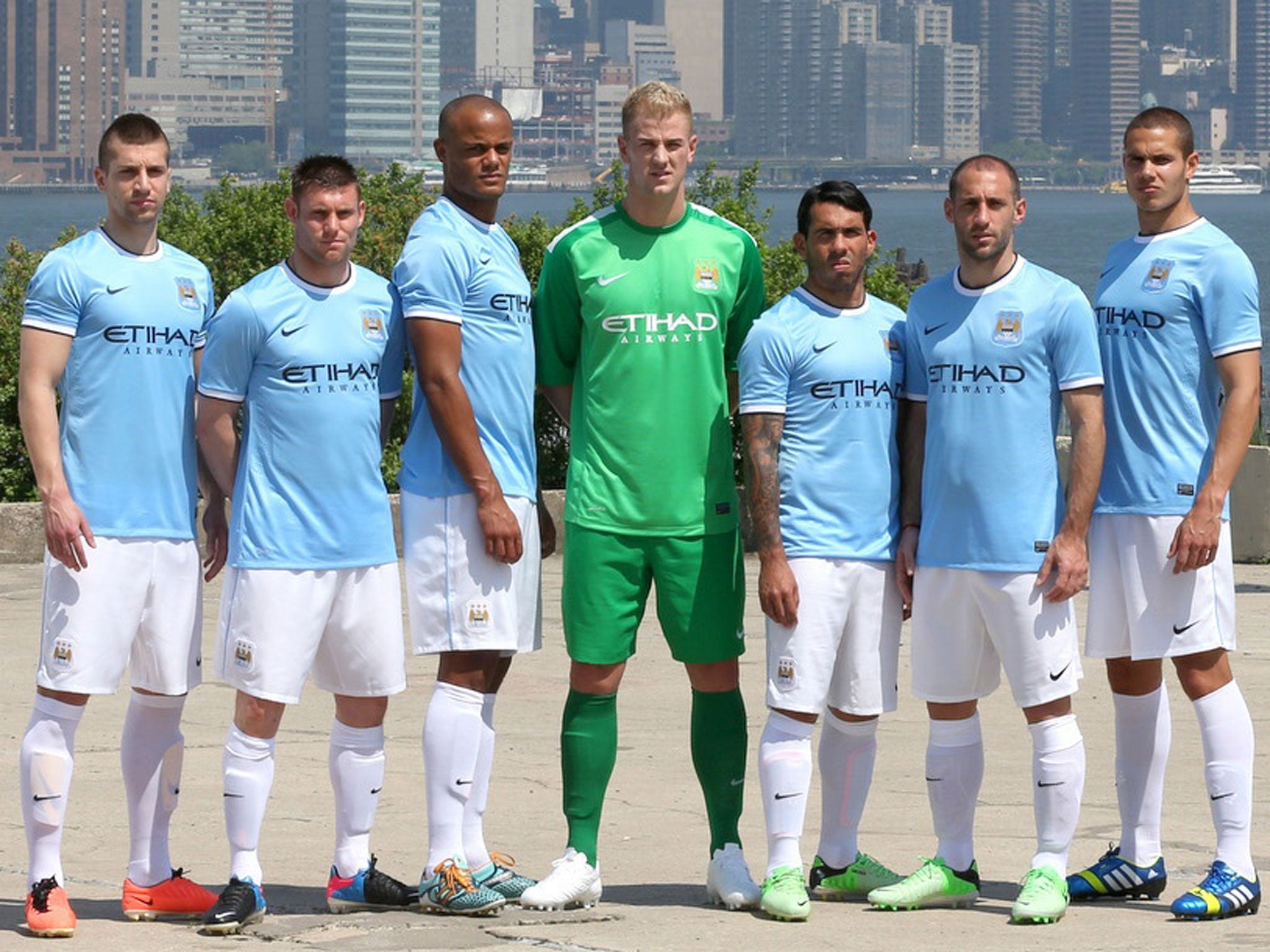 City players model the new kit in front of the New York skyline