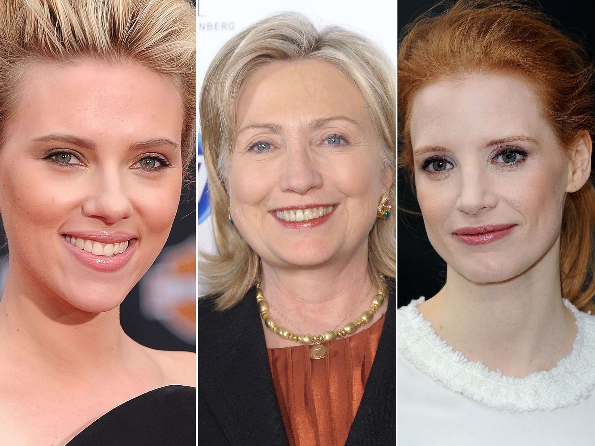 Scarlett Johansson (left) and Jessica Chastain (right) are in the running to portray Hillary Clinton (centre) in an upcoming film