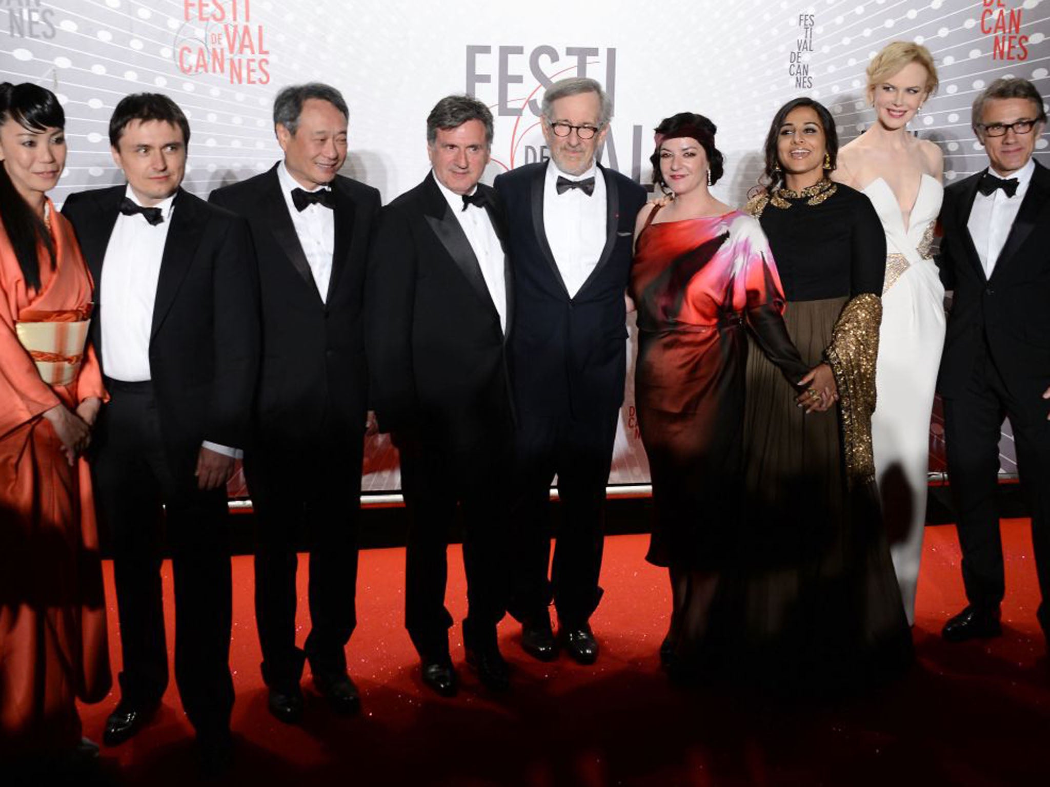 Cannes jury members, from left to right, Naomi Kawase, Cristian Mungiu, Ang Lee, Daniel Auteuil, Steven Spielberg,  Lynne Ramsay, Vidya Balan, Nicole Kidman and Christoph Waltz