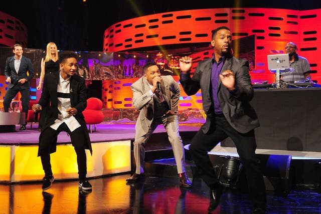 From left to right, Bradley Cooper, Heather Graham, Jaden Smith,Will Smith, Alfonso Ribeiro and DJ Jazzy Jeff on the decks behind during filming of the Graham Norton show at the London Studios