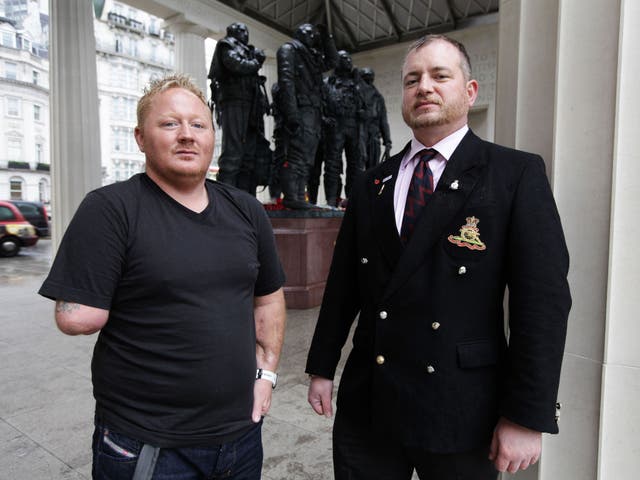 Mark Dryden, left, lost his right arm serving in Iraq and Jean Reno, right, suffers from severe brain injuries that have left him with no short-term memory, double vision, anxiety attacks, and depression