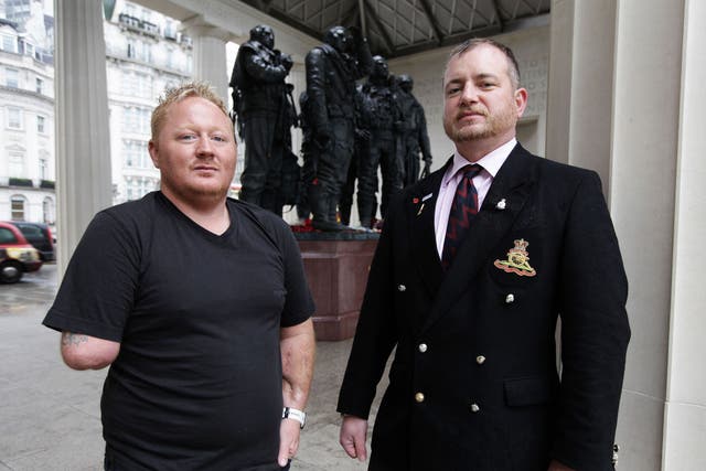 Mark Dryden, left, lost his right arm serving in Iraq and Jean Reno, right, suffers from severe brain injuries that have left him with no short-term memory, double vision, anxiety attacks, and depression