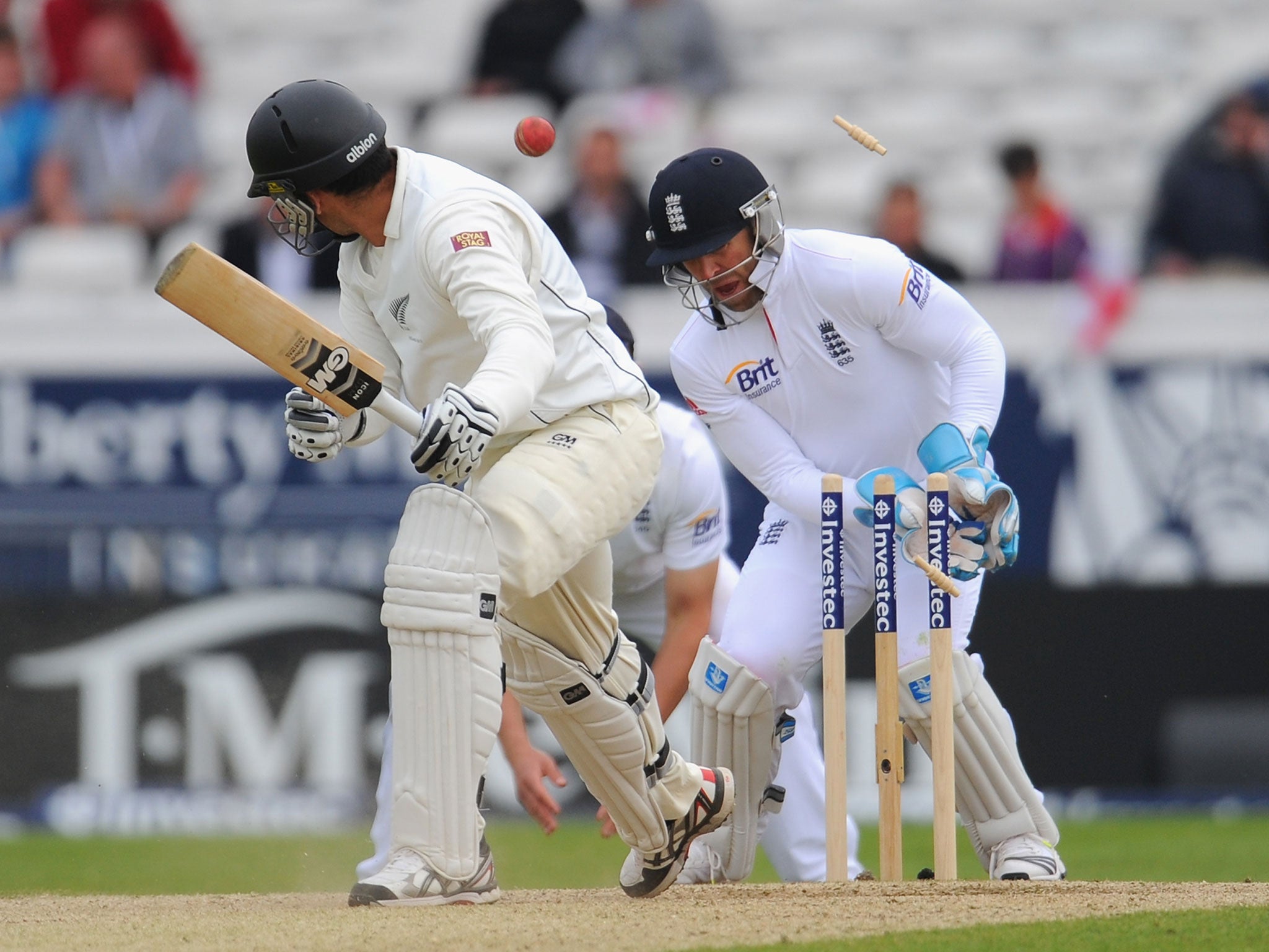 Ross Taylor is bowled by Graeme Swann