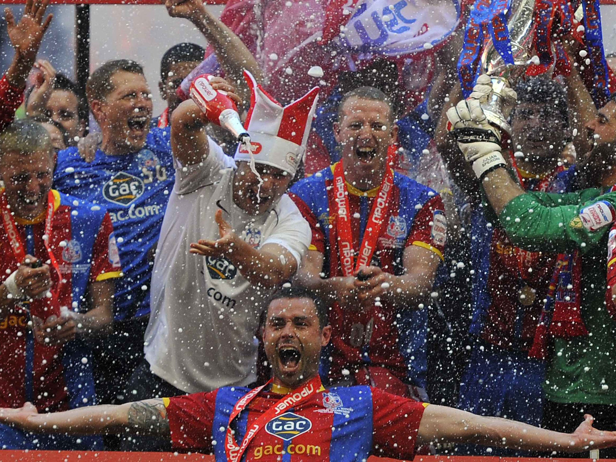 Crystal Palace players celebrate promotion to the Premier League