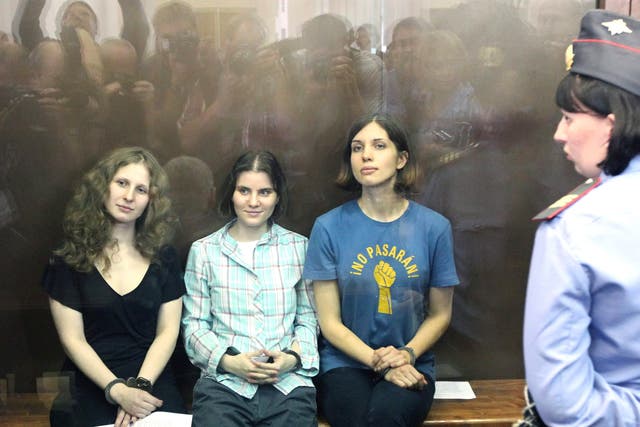 Maria Alekhina, Ekaterina Samutsevich and Nadezhda Tolokonnikova in court in 2012