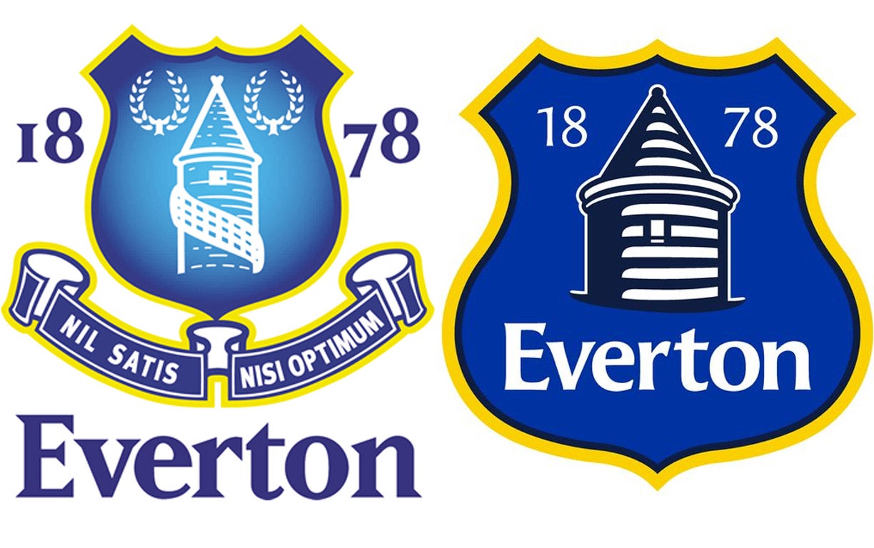 (Left) Everton's club crest from 2000 to 2013; (right) the unpopular new badge which might not be sticking around for so long
