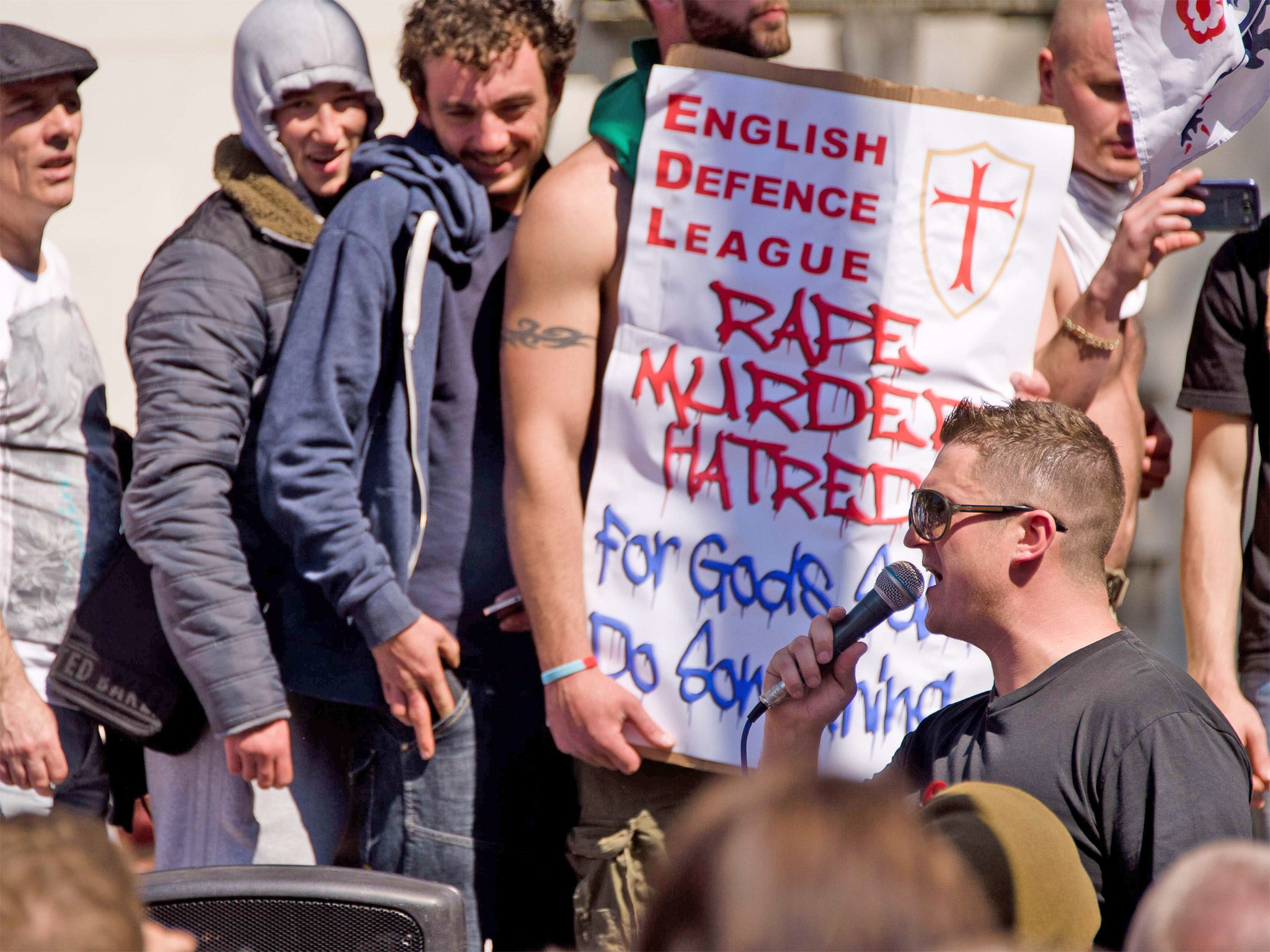 EDL Leader Tommy Robinson speaks to supporters during a demonstration near Downing Street on Monday