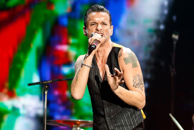 Lead singer of the British band 'Depeche Mode' Dave Gahan performs on stage during 'The delta machine tour'