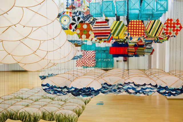 A general view during the press preview of 'Gas Giant' by Jacob Hashimoto, an installation composed of 7500 kites as part of the 55th International Art Exhibition on May 28, 2013 in Venice, Italy.