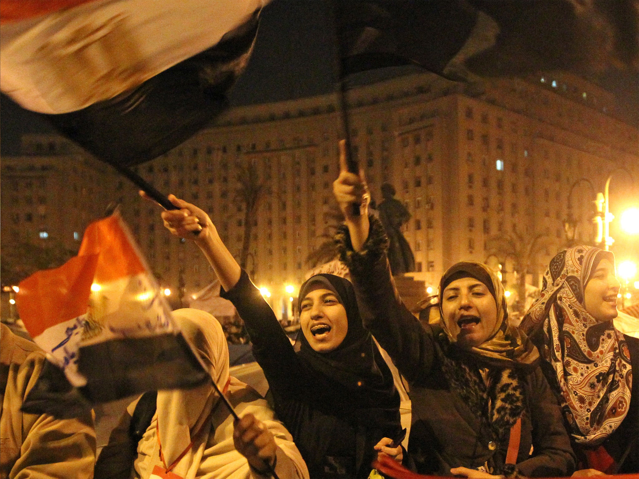 Women celebrate Hosni Mubarak’s ceding of power in Cairo’s Tahrir Square, in 2011. Nearly half of the protesters calling for the change were women