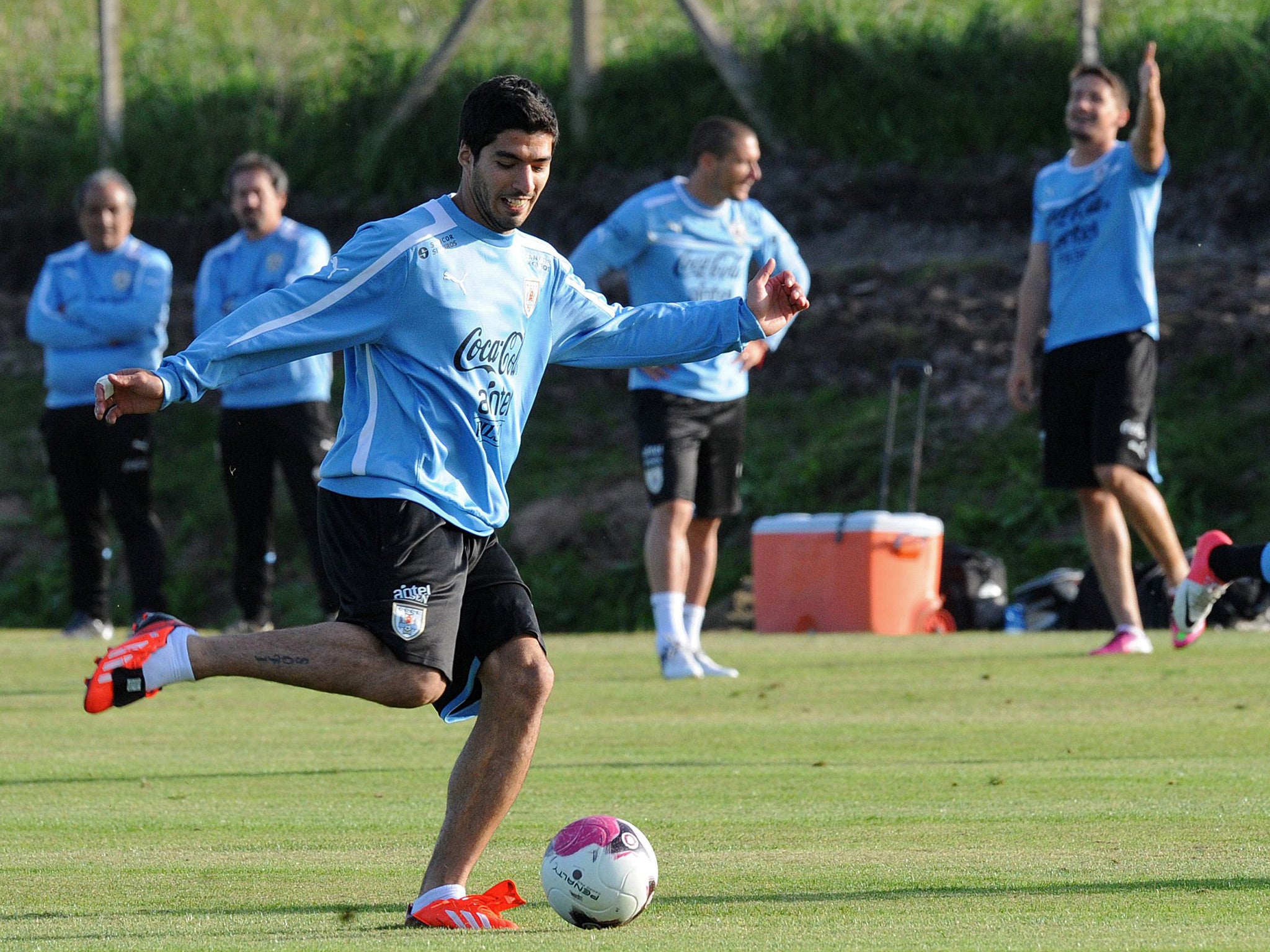 Luis Suarez pictured training with the Uruguay national team