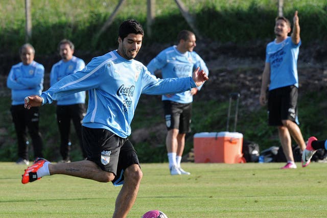 Luis Suarez pictured training with the Uruguay national team