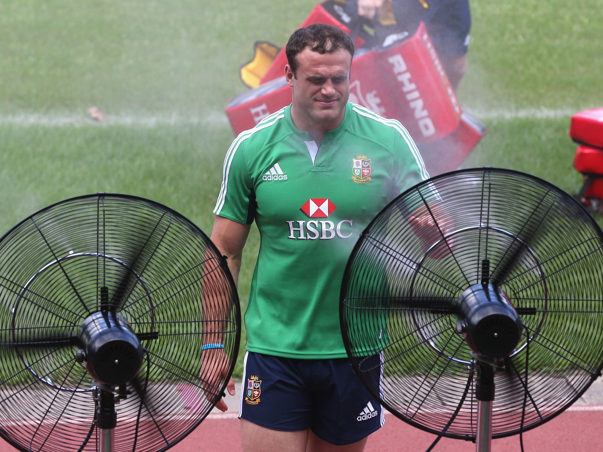 Jamie Roberts cools off during training in Hong Kong yesterday