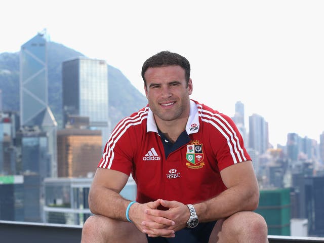 Jamie Roberts, the Lions centre, poses on top of the Grand Hyatt hotel after the British and Lions media session on May 31, 2013 in Hong Kong