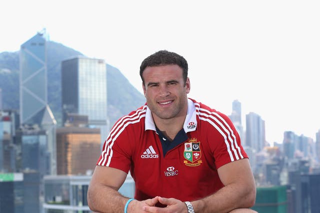 Jamie Roberts, the Lions centre, poses on top of the Grand Hyatt hotel after the British and Lions media session on May 31, 2013 in Hong Kong