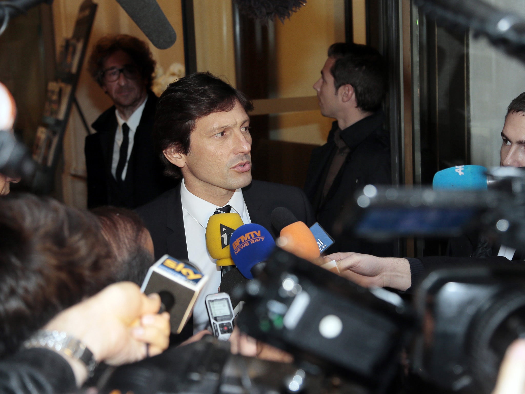 Paris Saint-Germain's Brazilian sporting director Leonardo speaks to the press after a hearing at the disciplinary commission of the French Football League