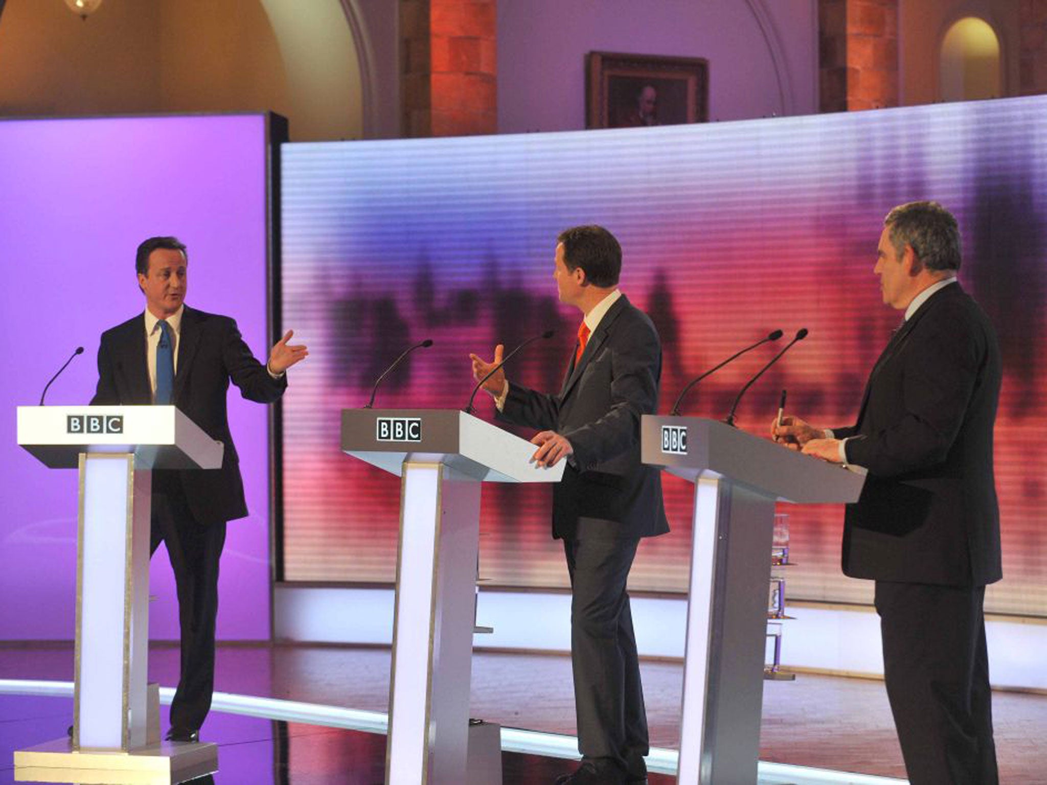 David Cameron, Nick Clegg and Gordon Brown during TV debates in 2010