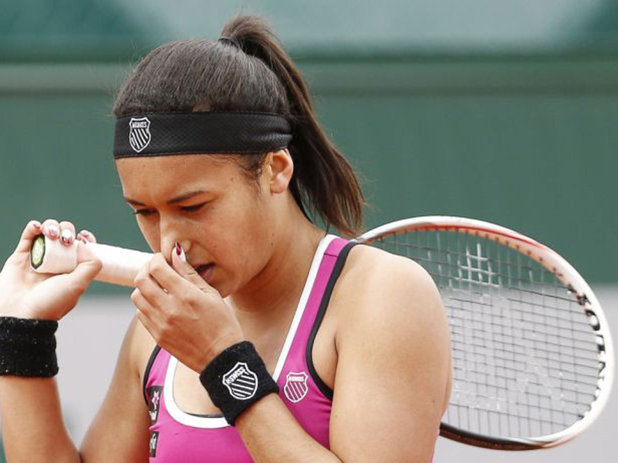 Heather Watson on her way to defeat at the French Open