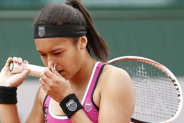 Heather Watson on her way to defeat at the French Open