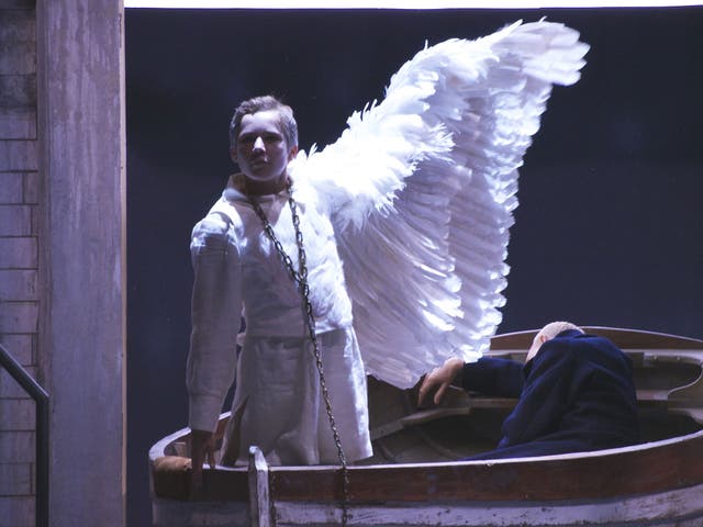 Winging it: Peter Wedd as Lohengrin is propelled across the water by Thomas Rowlands as Gottfried 