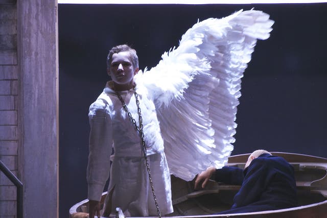 Winging it: Peter Wedd as Lohengrin is propelled across the water by Thomas Rowlands as Gottfried 