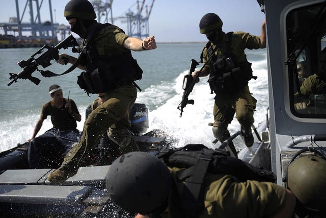 Israeli troops take part in a drill off the coast of Haifa
