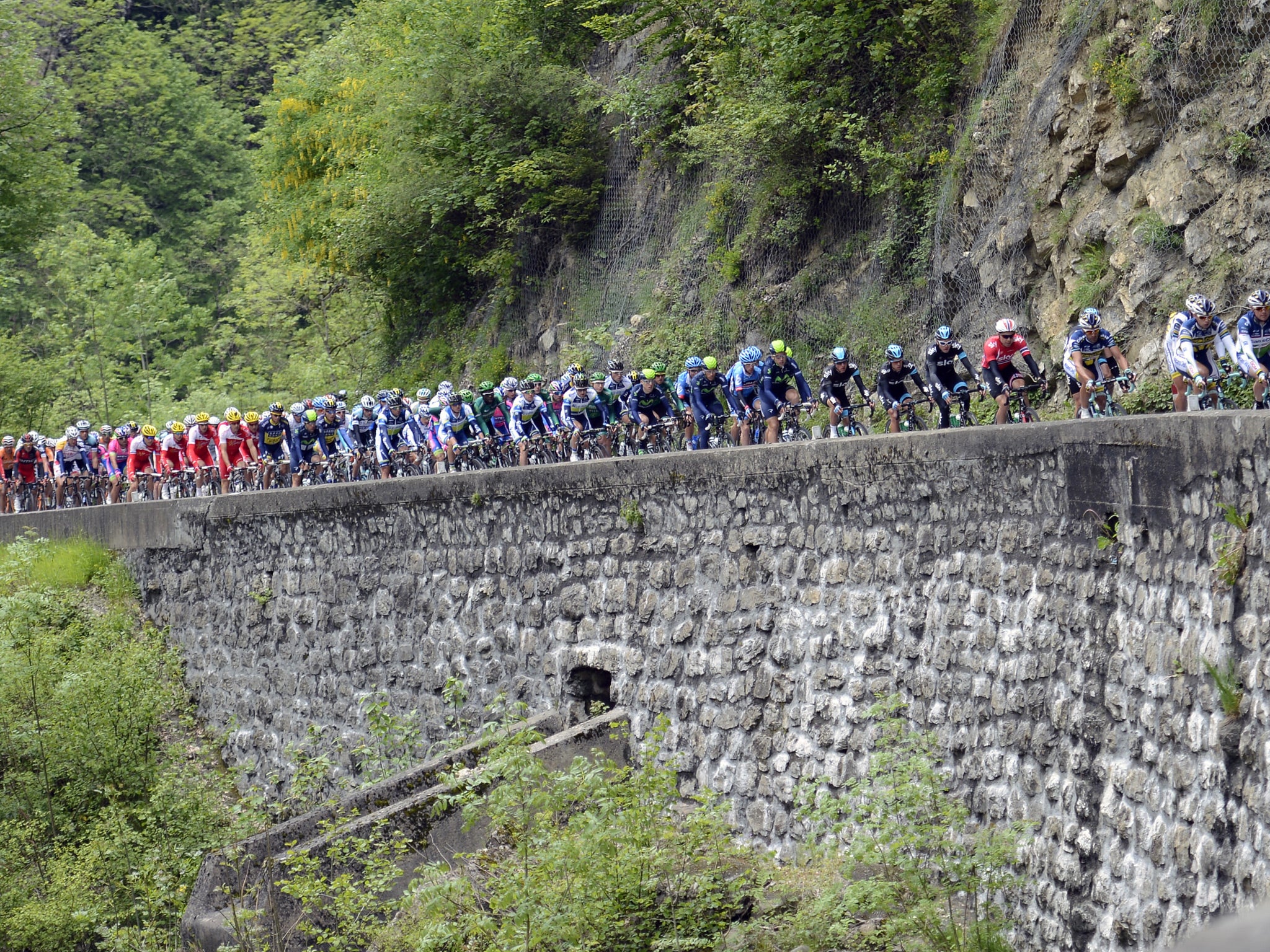 The pack rides during the 121 km first stage of the 65th edition of the Dauphine Criterium