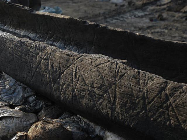 This unique Bronze Age dugout canoe from Must Farm, Cambridgeshire is decorated with a criss-cross design - the only such example known in Britain