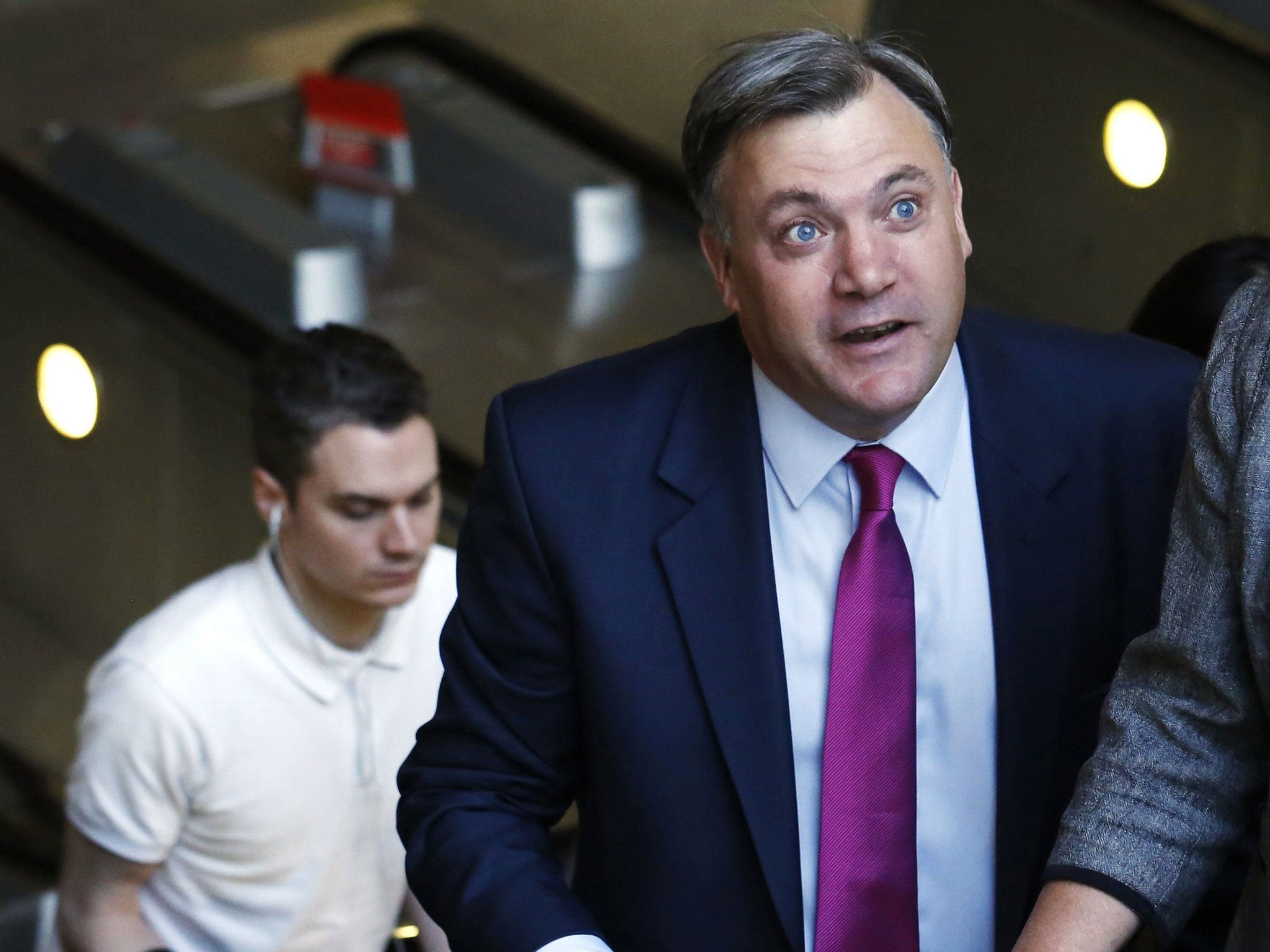 Ed Balls arrives at the Thomson Reuters headquarters to give his speech