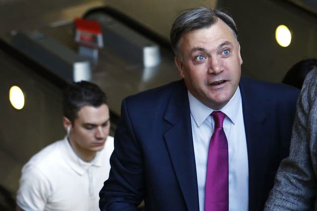 Ed Balls arrives at the Thomson Reuters headquarters to give his speech